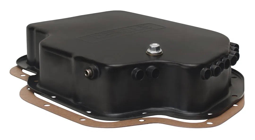 14201 – DERALE Auto Trans Oil Pan, GM Turbo 400 Extra 1 Quart 17 Ounce Capacity Black Steel With Magnetic Drain Plug